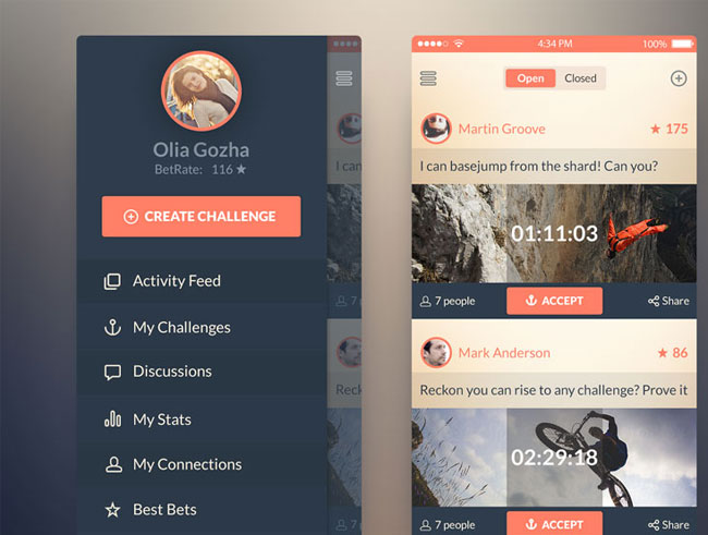 Challenge App PSD for IOS 7 - Free UI Kit PSD for Mobile Apps